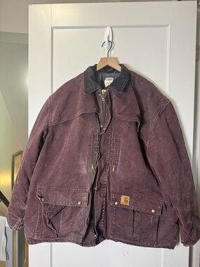 Vintage CARHARTT C10 Button Front Blanket Lined Denim Jacket 90s Burgundy Red 2X